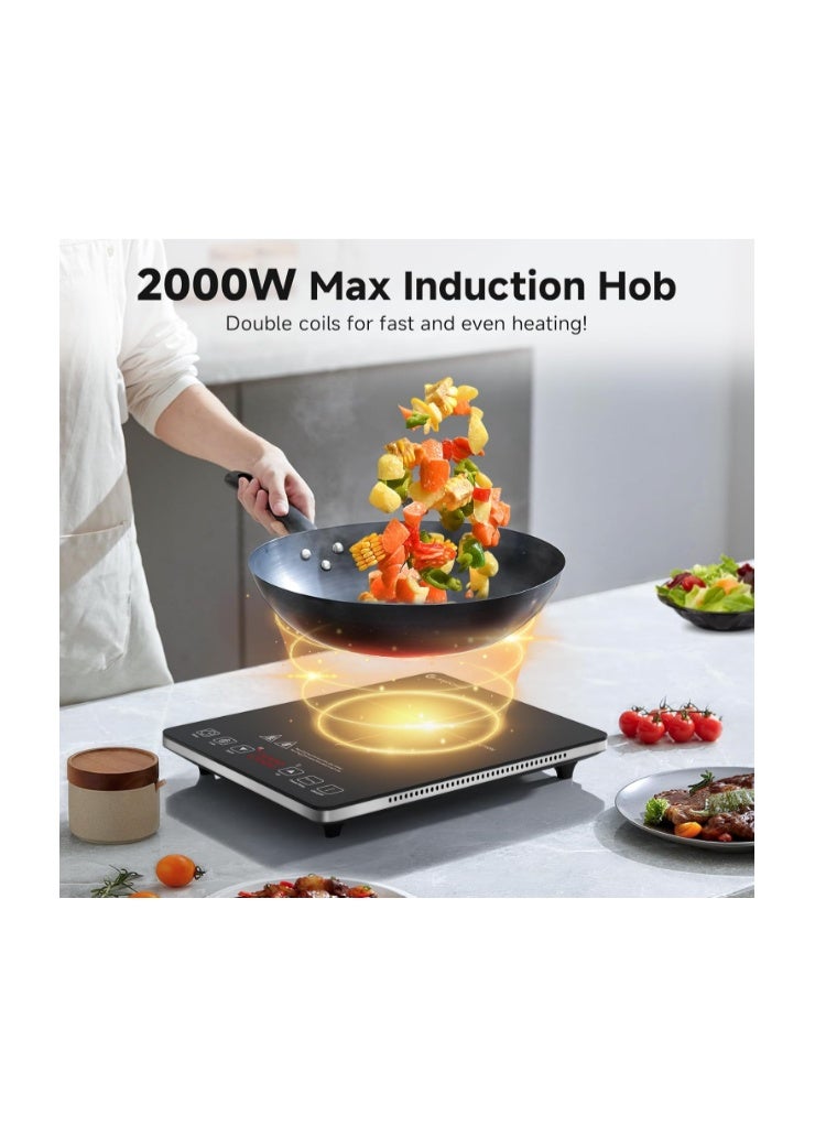 AMZCHEF Portable Electric Stove Delivers 2000W Power with 20 Adjustable Levels, Induction Cooktop Includes a Timer, Touch Control, Safety Lock, Silver - Image 3