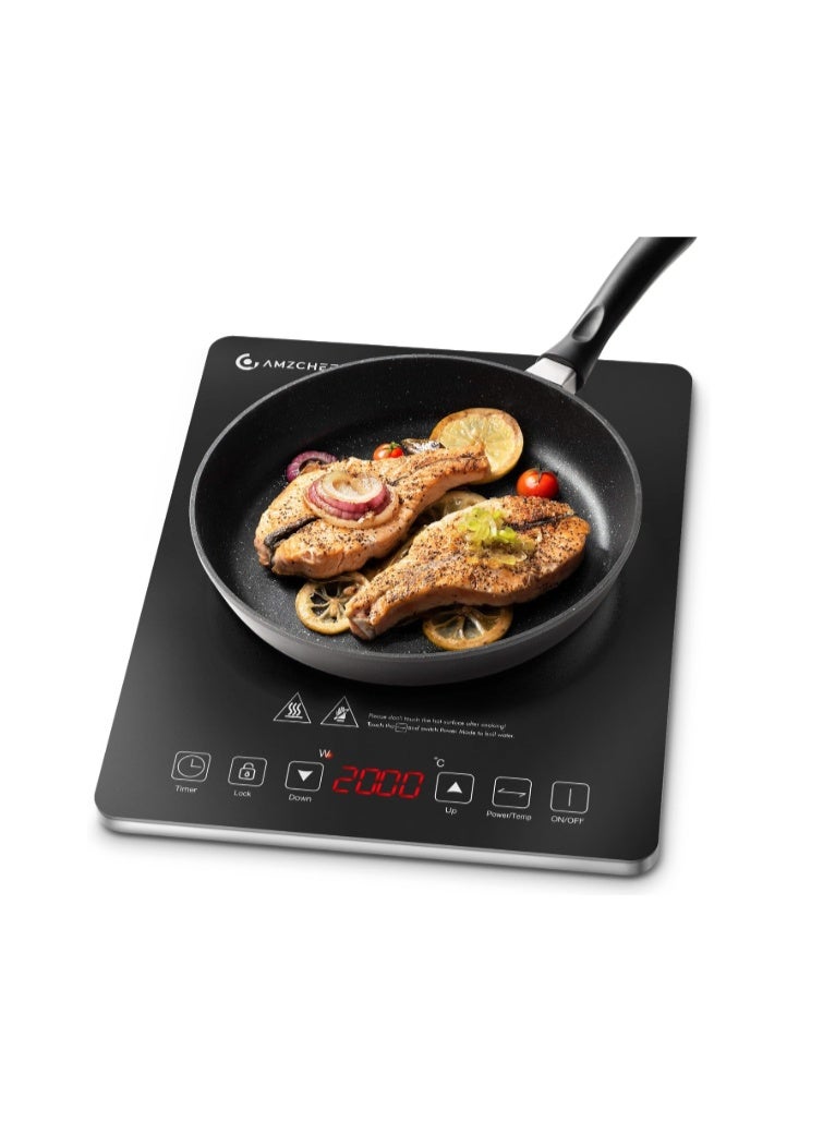 AMZCHEF Portable Electric Stove Delivers 2000W Power with 20 Adjustable Levels, Induction Cooktop Includes a Timer, Touch Control, Safety Lock, Silver - Image 1