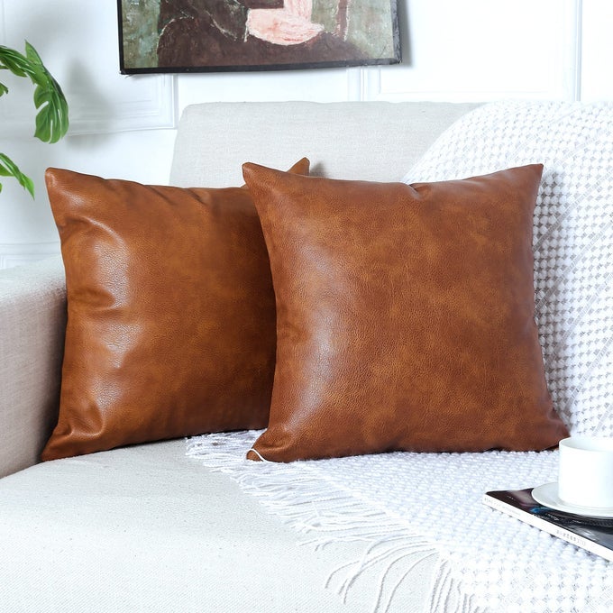 Pack of 2 Premium Faux Leather Throw Pillow Covers Modern Luxury Decorative Square Throw Pillow Case Cushion Cases for Farmhouse Sofa Couch Bed Car Outdoor18x18 inch Brown