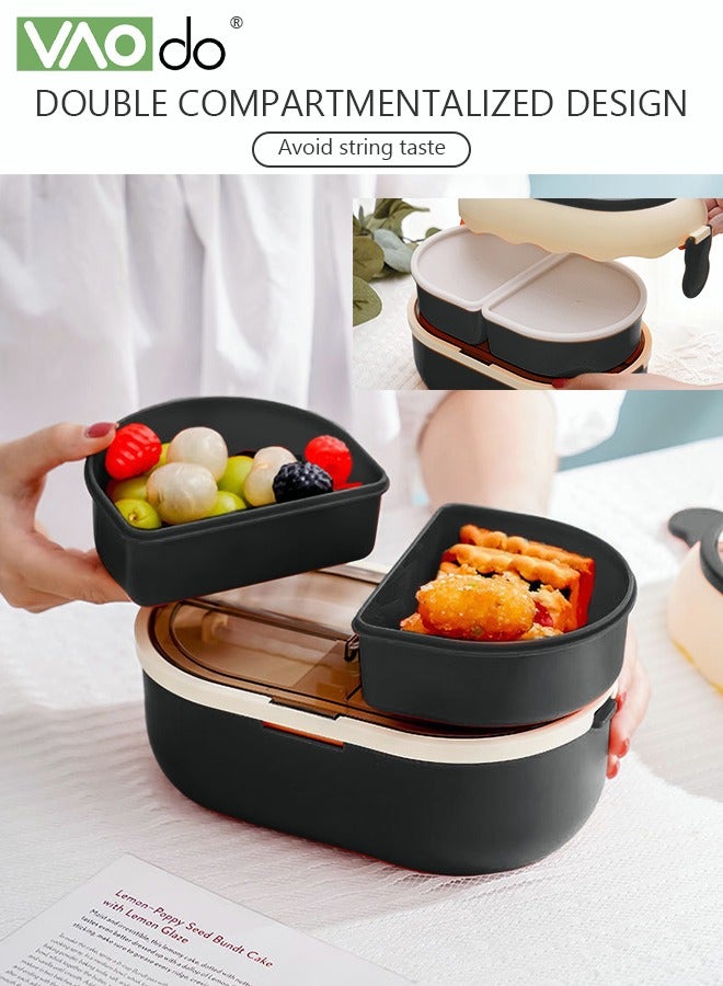 فاو دو صندوق غداء مزدوج الطبقات قابل للفصل بسعة كبيرة في الميكروويف مع أدوات مائدة وحقيبة غداء - Image 2