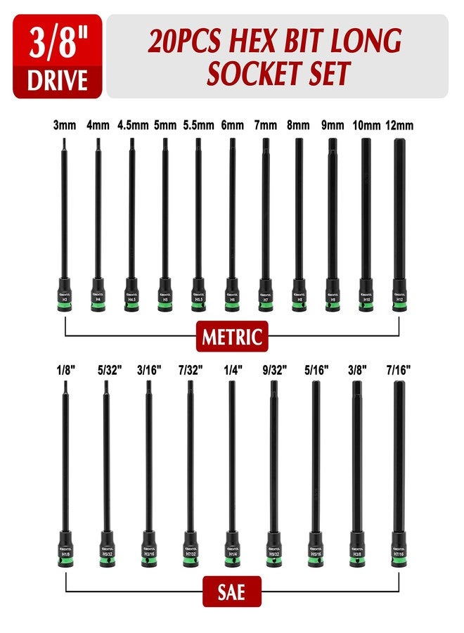 EMENTOL 3/8-Inch Drive Allen Hex Bit Socket Set, 20PCS Extra Long, SAE & Metric (3mm - 12mm, 1/8"-7/16"), CR-V, S2 Alloy Steel Bit - Image 3