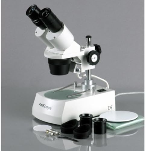 AmScope ميكروسكوب ستيريو ثنائي العدسات أم سكوبي SE305R-PZ، عدسات WF10x و WF20x، تكبير 10X-60X، أهداف 1X و 3X، مصدر ضوء هالوجين علوي وسفلي، قاعدة عمودية، 120 فولت، أبيض - Image 4