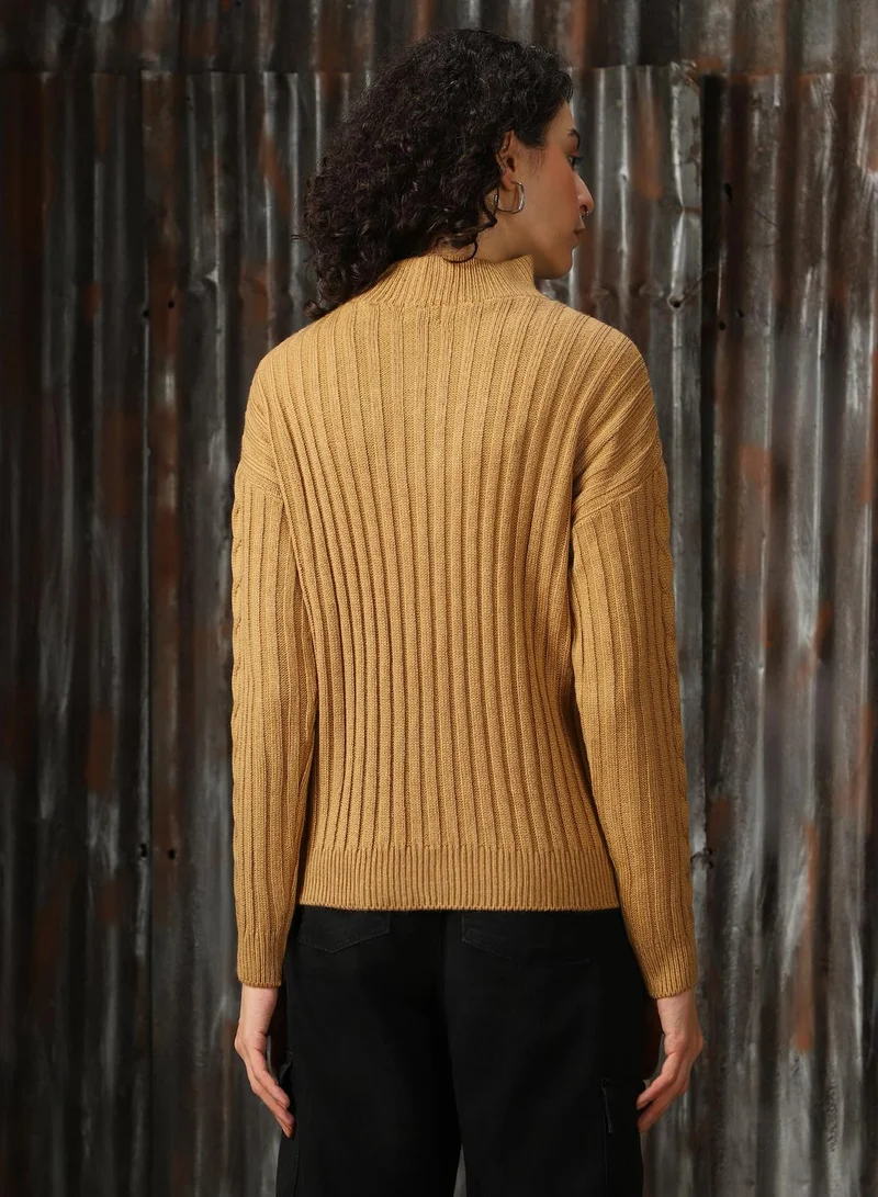 HIGH STAR Women's Beige 100% Acrylic Solid Regular Fit Sweater