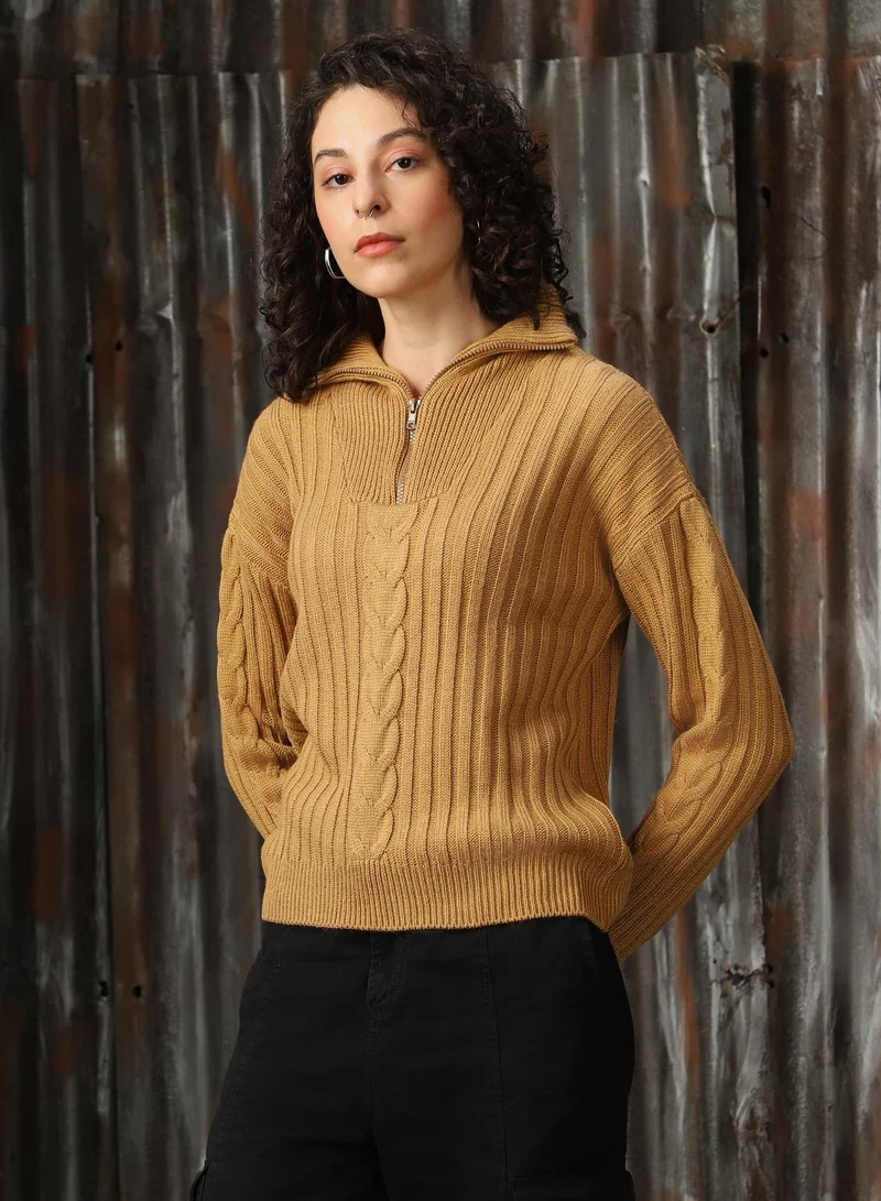 هاي ستار Women's Beige 100% Acrylic Solid Regular Fit Sweater
