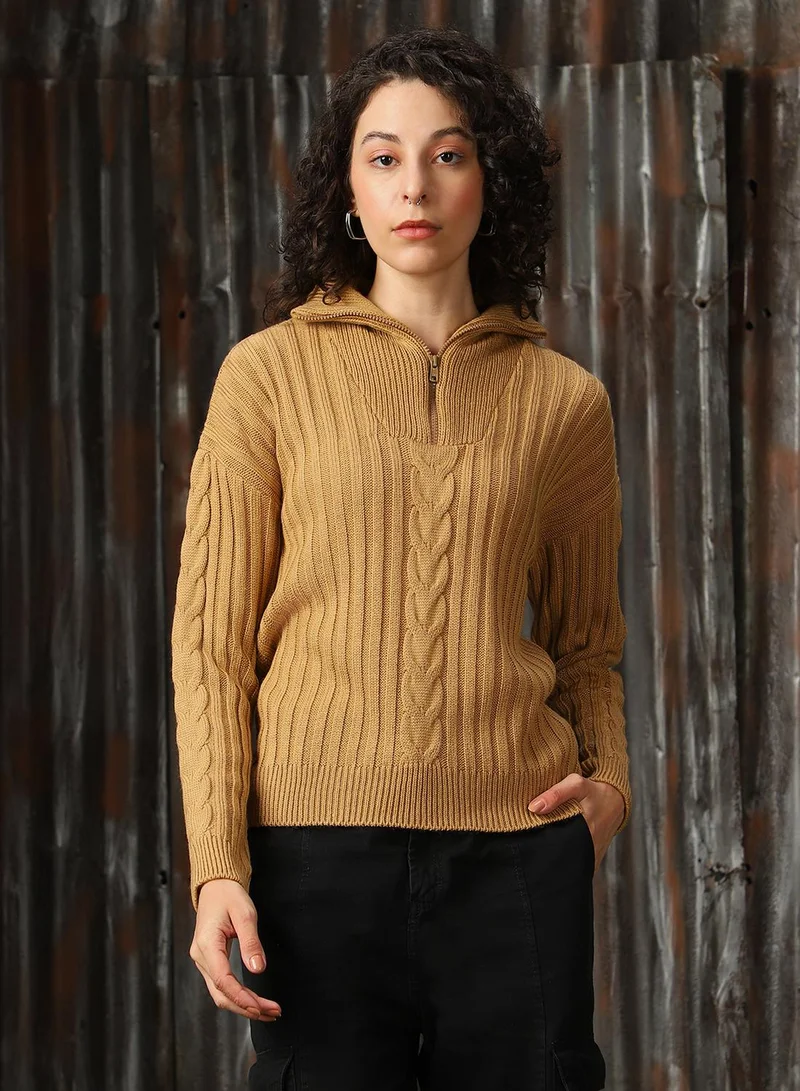 هاي ستار Women's Beige 100% Acrylic Solid Regular Fit Sweater