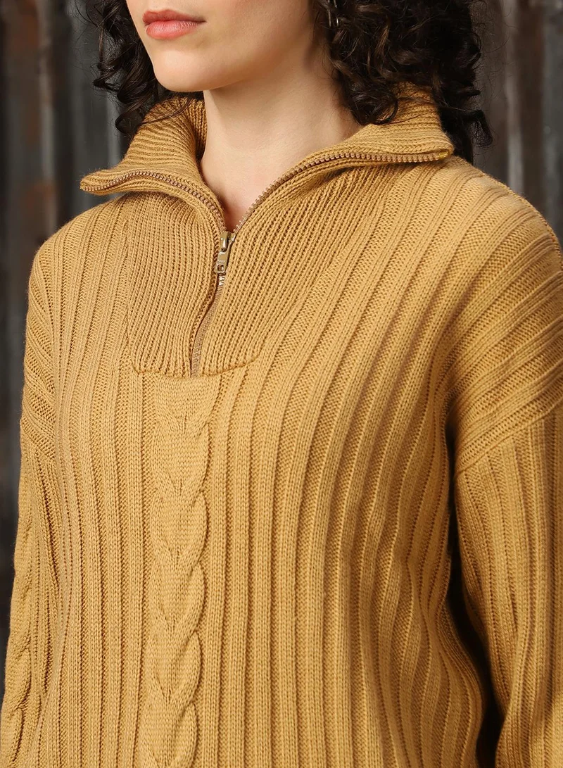 HIGH STAR Women's Beige 100% Acrylic Solid Regular Fit Sweater