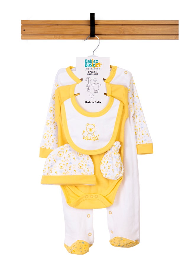 Babies Basic 5 Piece Unisex 100% Cotton Gift Set Include Bib, Romper, Mittens, Cap And Sleepsuit/Jumpsuit- Teddy  - Image 1