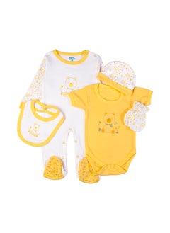 Babies Basic 5 Piece Unisex 100% Cotton Gift Set Include Bib, Romper, Mittens, Cap And Sleepsuit/Jumpsuit- Teddy  - Image 2