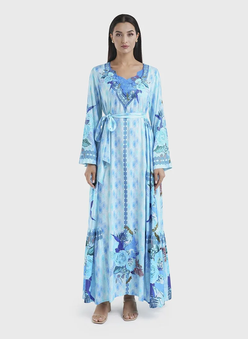 كشخة جلابية فيسكوز بطبعة ريش طاووس تركواز