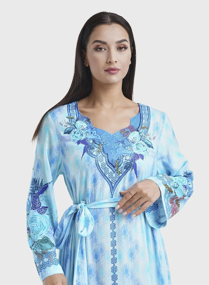 كشخة جلابية فيسكوز بطبعة ريش طاووس تركواز