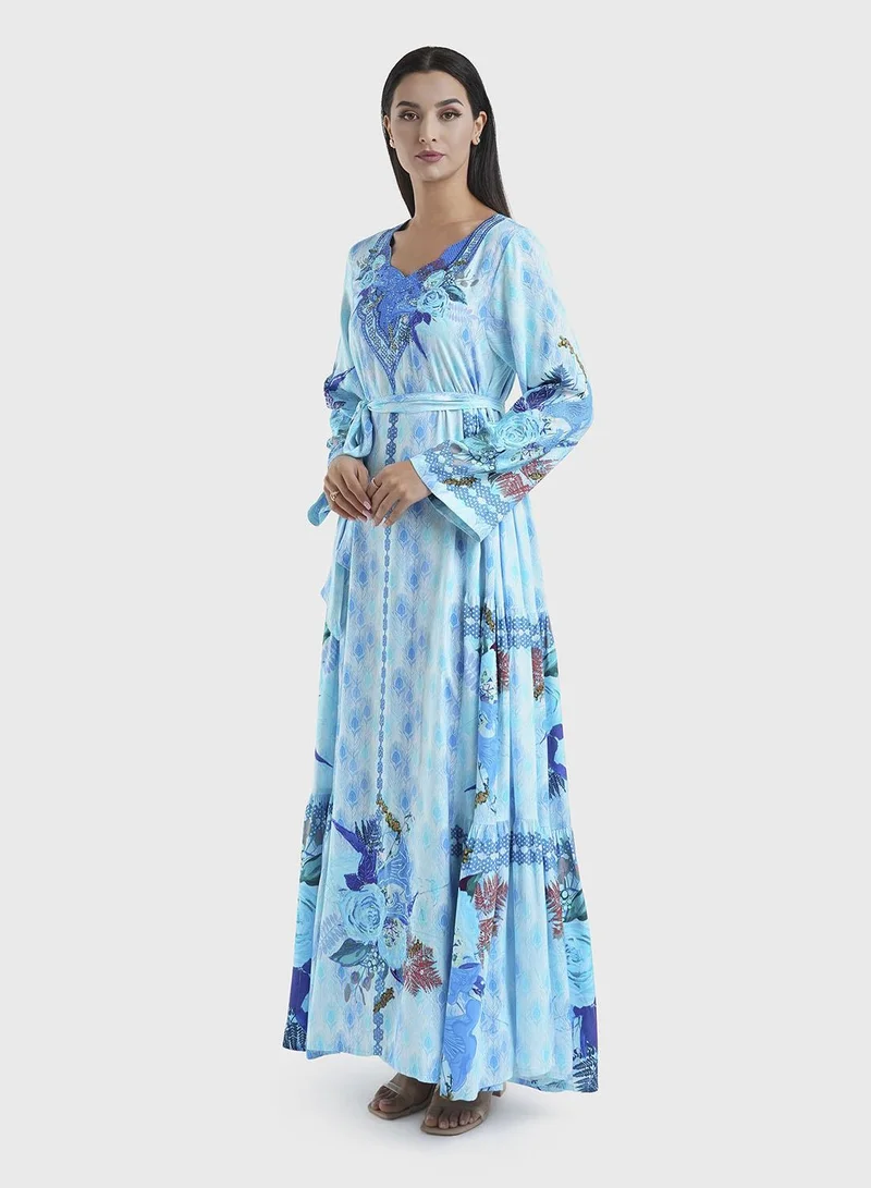 KASHKHA  Turquoise Peacock Feather Print Viscose Jalabiya (VDE287) for Women | Best Price UAE