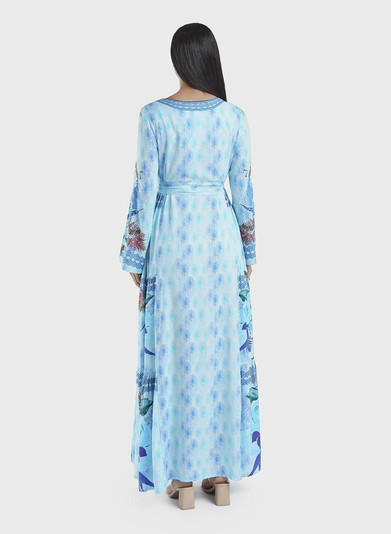 KASHKHA  Turquoise Peacock Feather Print Viscose Jalabiya (VDE287) for Women | Best Price UAE