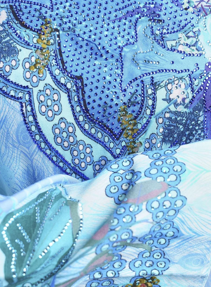 KASHKHA  Turquoise Peacock Feather Print Viscose Jalabiya (VDE287) for Women | Best Price UAE