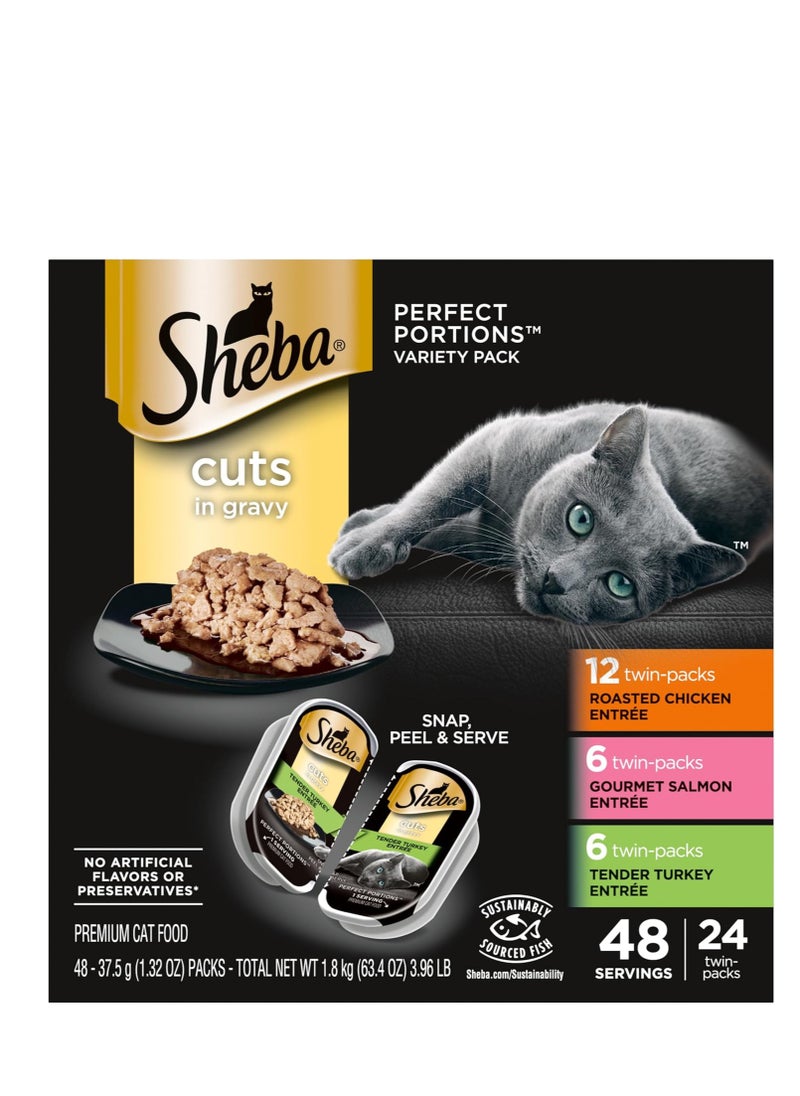 Sheba SHEBA Perfect Portions Cuts in Gravy Wet Cat Food Trays (24 Count, 48 Servings), Roasted Chicken, Gourmet Salmon and Tender Turkey Entrée Variety Pack, Easy Peel Twin-Pack Trays  - Image 1
