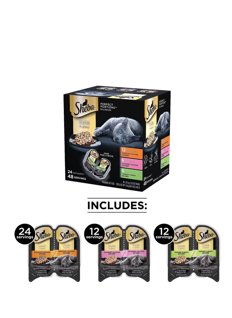 Sheba SHEBA Perfect Portions Cuts in Gravy Wet Cat Food Trays (24 Count, 48 Servings), Roasted Chicken, Gourmet Salmon and Tender Turkey Entrée Variety Pack, Easy Peel Twin-Pack Trays  - Image 2
