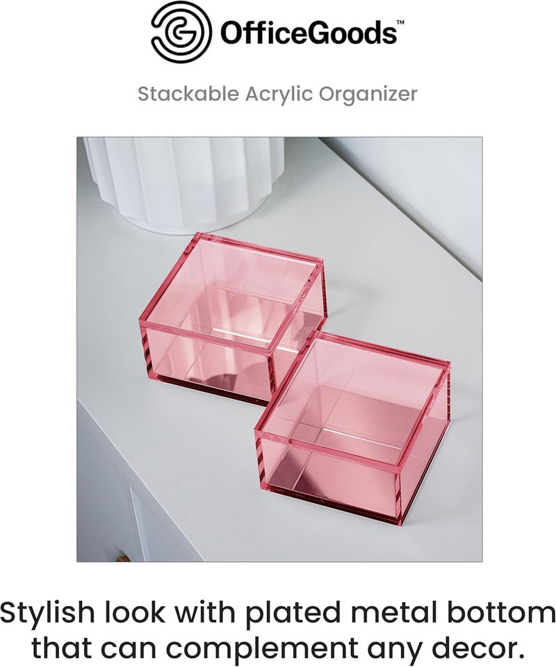 أوفيس جودز OfficeGoods منظّم أكريليك قابل للتراص من 3 طبقات مع قاعدة فضية – منظّم مكتب عملي وأنيق للمكتب أو المنزل – يساعد في تجميع كل أغراضك الصغيرة - وردي مع فضي/مربع - Image 2