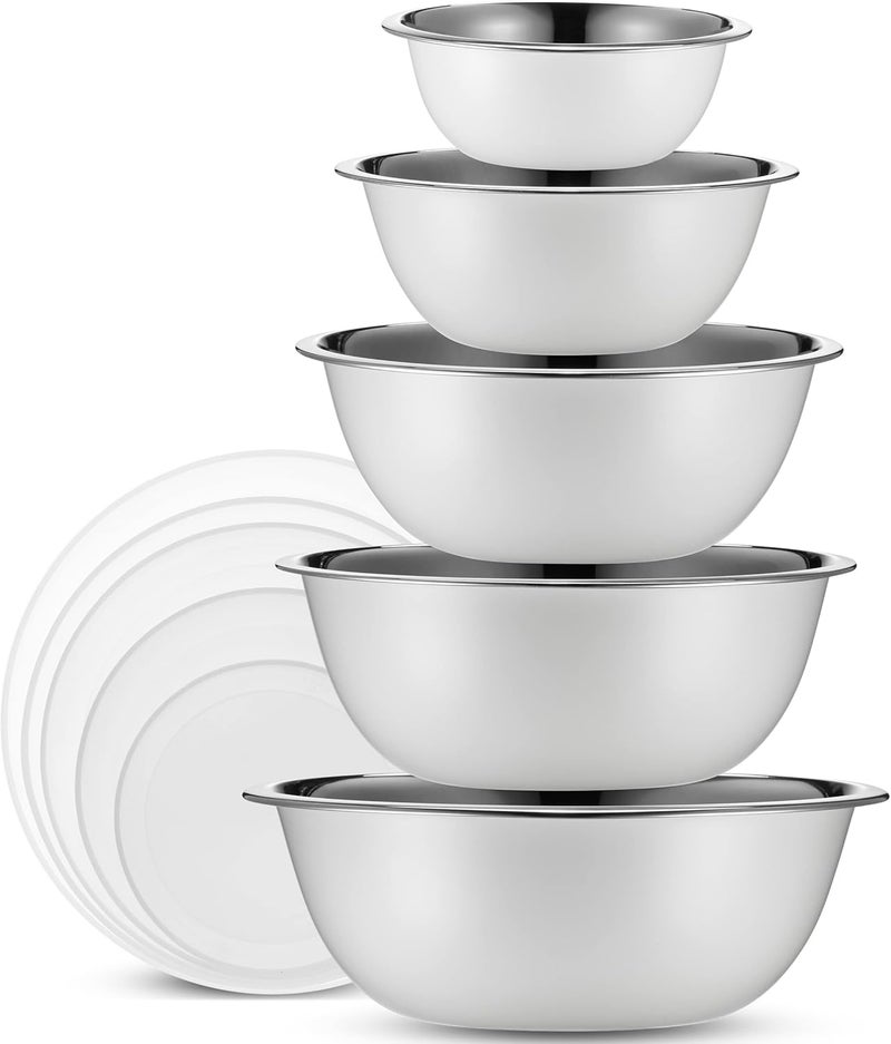 WHYSKO Stainless Steel Mixing Bowl Set 10 Piece Stainless Steel Mixing Bowls with Lids Set for Food Prep Storage and Serving Dishwasher Safe Microwave Safe for Kitchen Baking Cooking White - Image 1