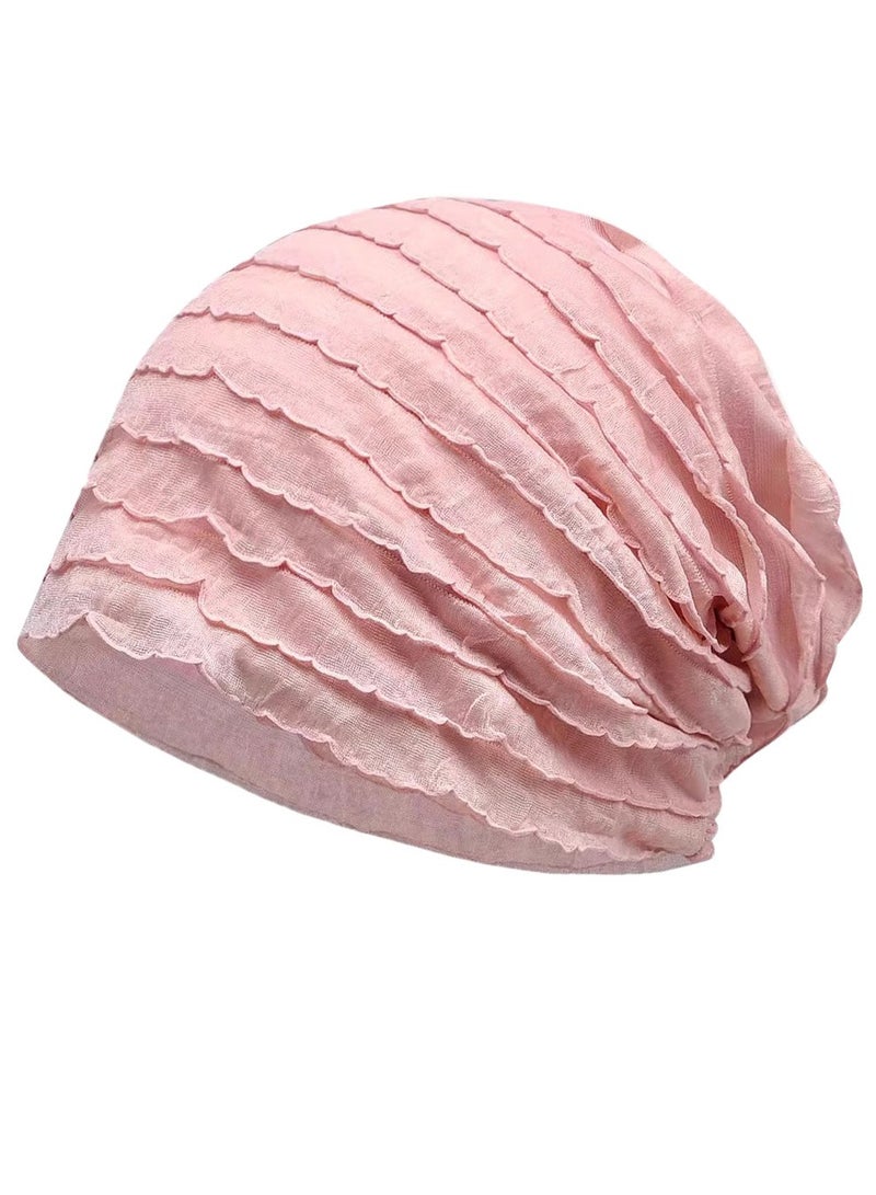 Loquat Infinity Scarf Headwear Cap Multi Layered Pleated Beanie Hat Pink 