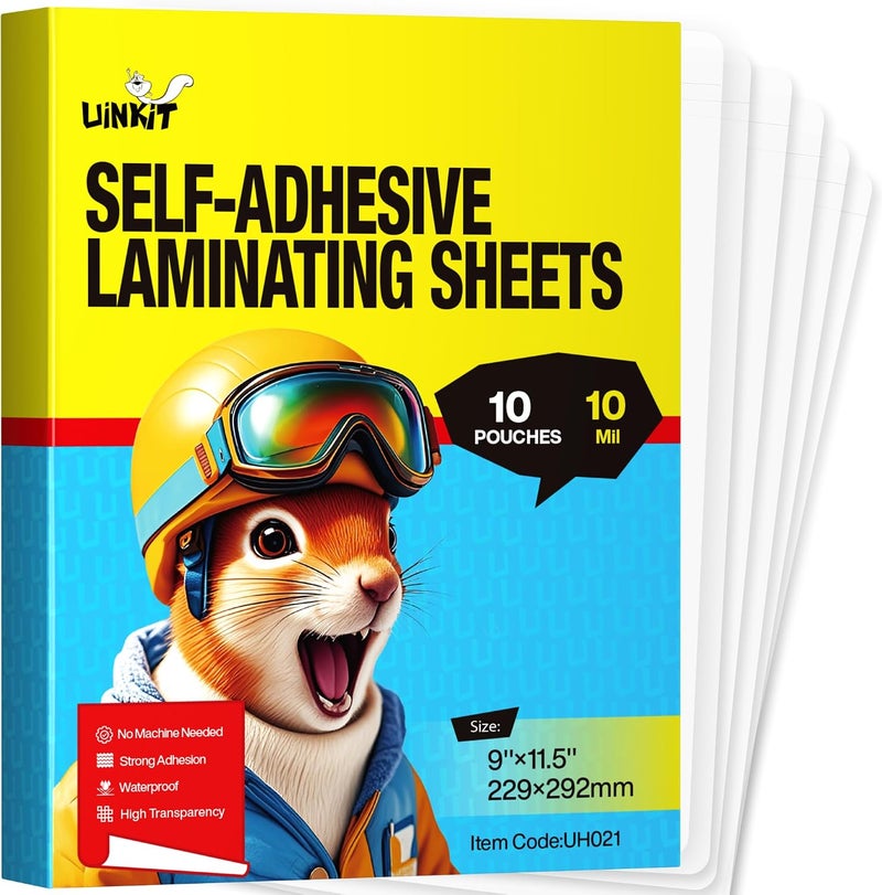 Uinkit Self Sealing Laminating Pouches, Waterproof Lamination Sheets for Document Permanent Adhesive 9x11.5inches 10Pack 10mil Thick Gloss Finish No Need Machine - Image 1