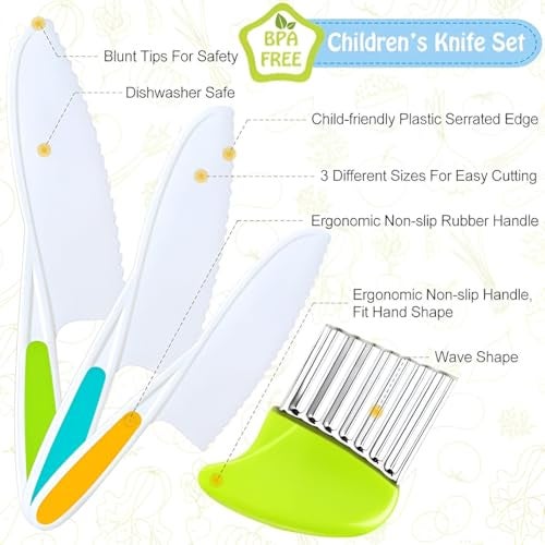 Riviox 4 Pcs Kids Knife Set for vegetable cutting – Nylon Kitchen Knives with Crinkle Cutter & Serrated Edges | Toddler Chef Tools for Real Cooking & Cutting Fruit, Bread, and Vegetables (Multi colour) - Image 2