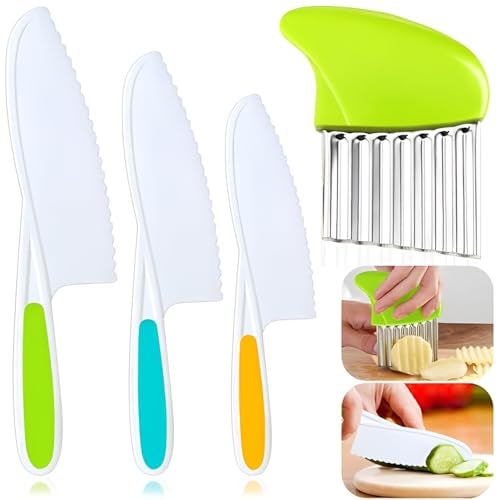 Riviox 4 Pcs Kids Knife Set for vegetable cutting – Nylon Kitchen Knives with Crinkle Cutter & Serrated Edges | Toddler Chef Tools for Real Cooking & Cutting Fruit, Bread, and Vegetables (Multi colour) - Image 1