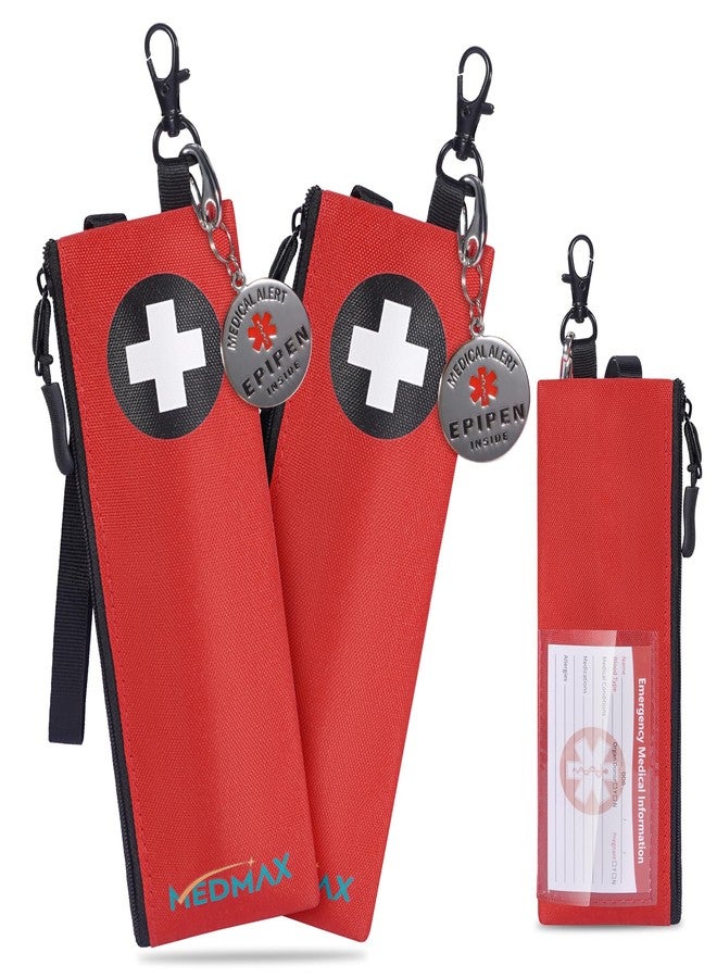MEDMAX 2 Pack Insulated Slim EpiPen Carry Case with Medical Alert Tag, Emergency Medical Pouch with Information Card, Epipen Holder with Keychain Clip for Allergy Medicine Essentials & Diabetes, Red - Image 1