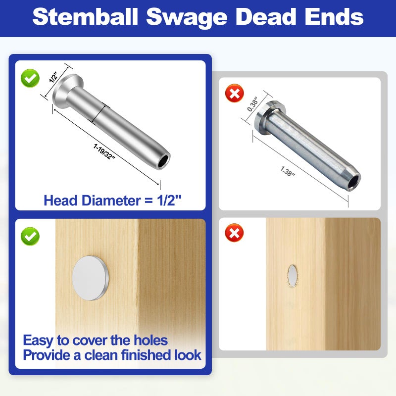 BLIKA 40Pack 3/16" Stainless Steel Stemball Swage Dead Ends for Deck Cable Railing, Invisible Cable Railing Hardware for Wood/Metal Posts, 3/16" Stemball Swage Terminal - Image 4