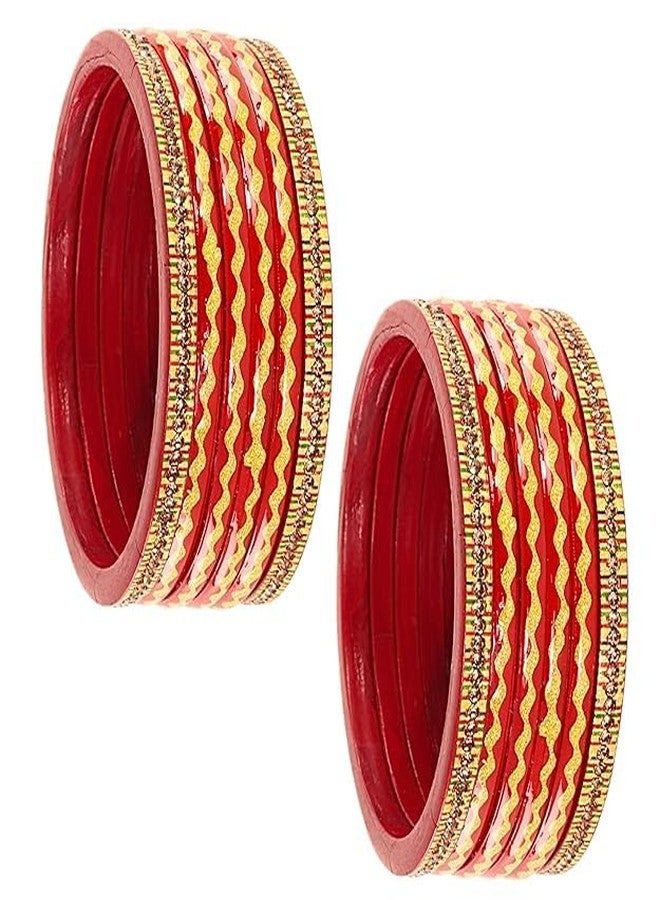 BANGLESKART أساور لاك تقليدية للنساء والفتيات من بانغلسكارت، مرصعة بأحجار الزركون الذهبية والماس، طقم أساور لاك فاخر للعرائس، أحدث أساور للبنات، طقم لاك تشودي لاك كادا، عبوة من 12 سوارًا أحمر - Image 2