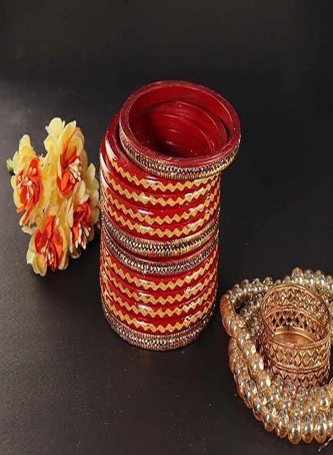 BANGLESKART أساور لاك تقليدية للنساء والفتيات من بانغلسكارت، مرصعة بأحجار الزركون الذهبية والماس، طقم أساور لاك فاخر للعرائس، أحدث أساور للبنات، طقم لاك تشودي لاك كادا، عبوة من 12 سوارًا أحمر - Image 3