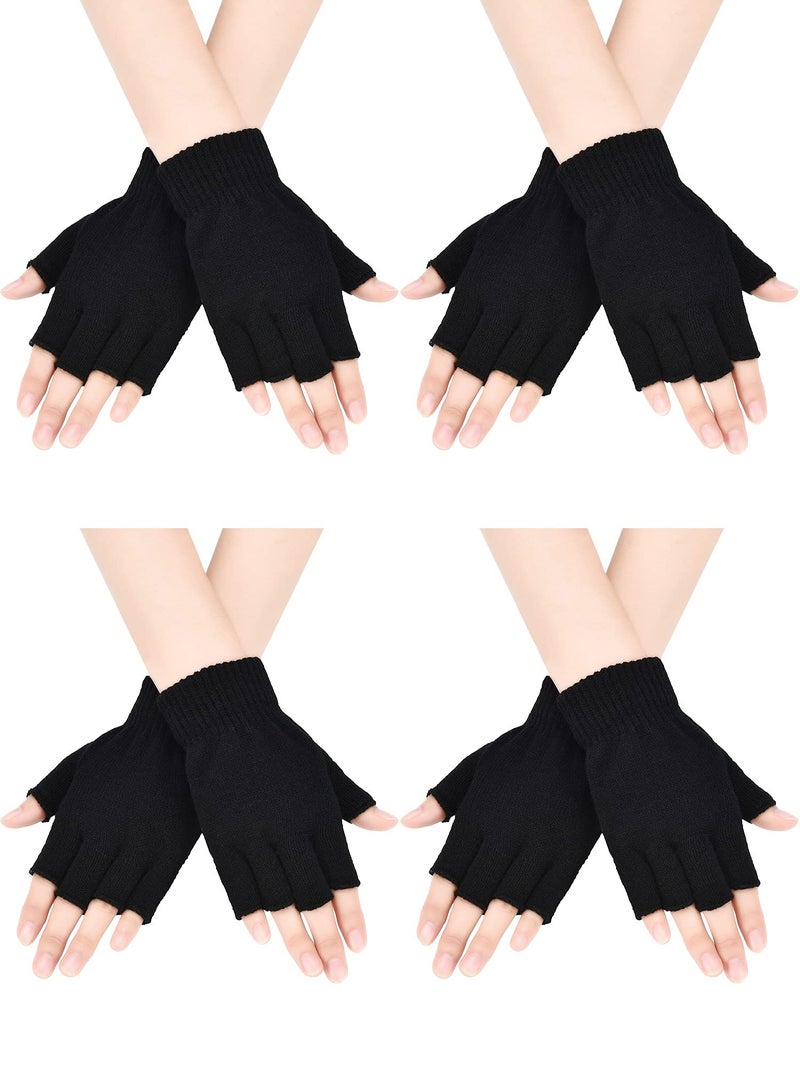 Bememo 4 Pairs Fingerless Gloves Half Finger Mittens Winter Solid Color Typing Knitted Gloves for Boys and Girls(Black) - Image 1