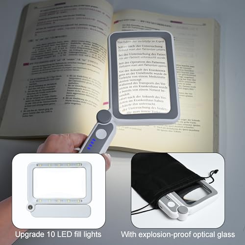 Techshare Rechargeable LED Magnifying Glass for Reading Books, Bible & Small Print, 4X Optical-Grade Rectangular Lens with 3 Adjustable Brightness Levels, USB-C Foldable Magnifier Gift for Seniors, Low Vision - Image 3