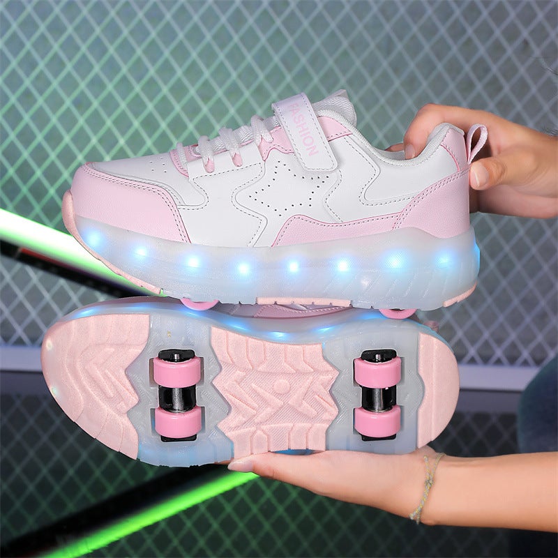 Childrens Deformation Shoes Four-wheeled Heelby Shoes for Boys and Girls Cross-border Skates Double-row Roller Skates Childrens Shoes 1877 white powder [leather four wheels]]