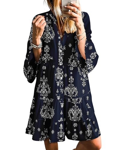 SELINK Womens Long Sleeve Dresses Casual V Neck Tribal Print Button Flowy Boho Mini Beach Dress Navy Tribal-S - Image 4