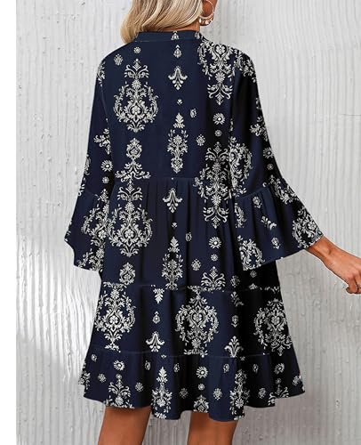 SELINK Womens Long Sleeve Dresses Casual V Neck Tribal Print Button Flowy Boho Mini Beach Dress Navy Tribal-S - Image 2