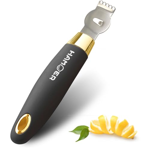 HAMOER Lemon Zester Tool with Channel Knife Citrus Twist Making Tool Ergonomic Curved Handle Gold-Black - Image 1