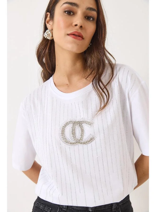 جينجر تيشيرت بياقة دائرية مزين بالكريستال
