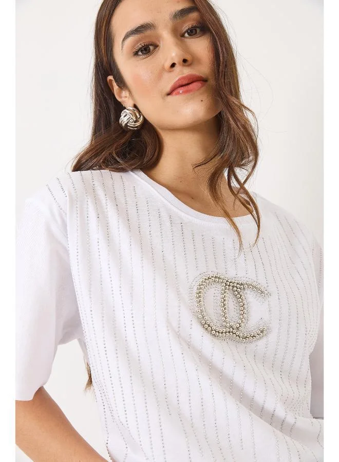 جينجر تيشيرت بياقة دائرية مزين بالكريستال