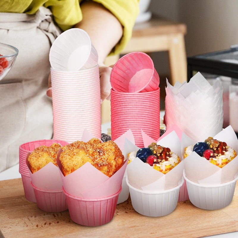 200 Food Grade Cupcake Liners White and Pink Tulip Fluted Baking Cups - Image 4