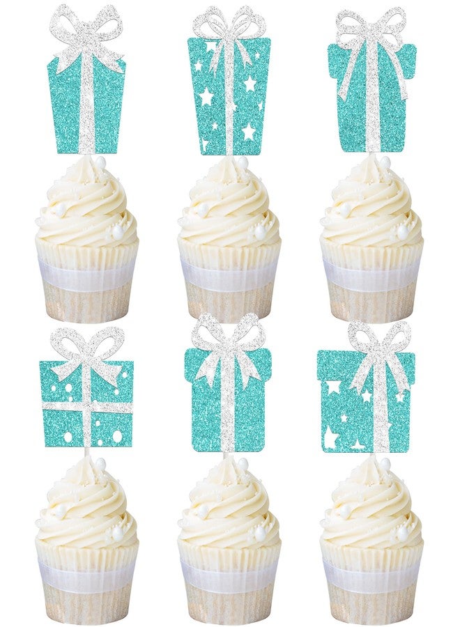 umoni Teal Blue Gift Box Cupcake Toppers Glitter Birthday Party Decorations 24PCS Gift Boxes Bow Baby Bride Shower Cupcake Picks for Princess Theme Baby Shower Bridal Shower Supplies - Image 1