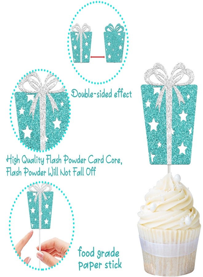 umoni Teal Blue Gift Box Cupcake Toppers Glitter Birthday Party Decorations 24PCS Gift Boxes Bow Baby Bride Shower Cupcake Picks for Princess Theme Baby Shower Bridal Shower Supplies - Image 3