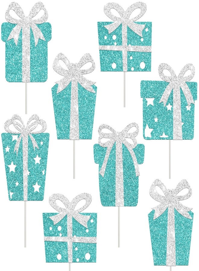 umoni Teal Blue Gift Box Cupcake Toppers Glitter Birthday Party Decorations 24PCS Gift Boxes Bow Baby Bride Shower Cupcake Picks for Princess Theme Baby Shower Bridal Shower Supplies - Image 2