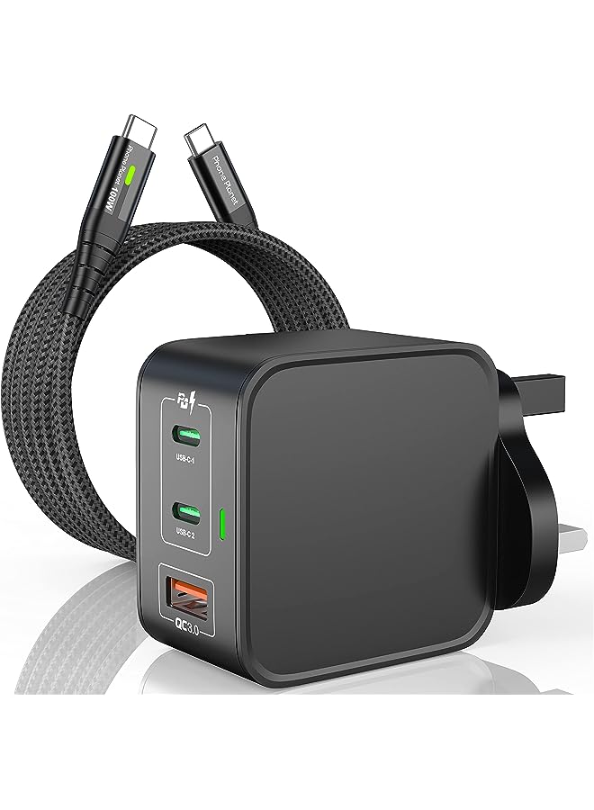 65W Gan [Pd+Pps] Fast Wall Charger And 100W Usb C Cable With E-Marker Chip[2M],3-Port Wall Mains Adapter Compatible For Macbook Pro/Air, Ipad,S23 Ultra,Steam Deck,Dell,Hp, Ps5, Switch,Laptop