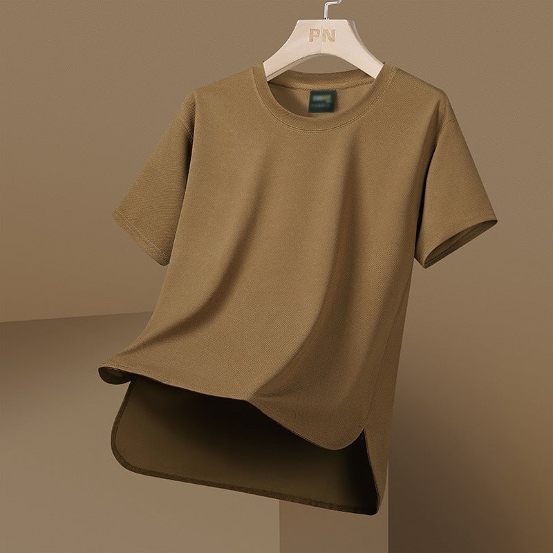 TikTok Live Broadcast Explosive Suit Mens Advertising Shirt High Quality Mens Solid Color T-Shirt Casual Breathable Short Sleeve Top CAMEL 