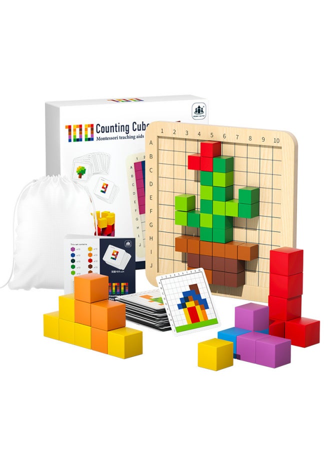 Wooden Building Blocks Puzzle Montessori Teaching Aids Montessori Children's Early Education Educational Toys Intelligence Development-Color:100 Pieces Of Ten-color Building Blocks Puzzle - Image 1