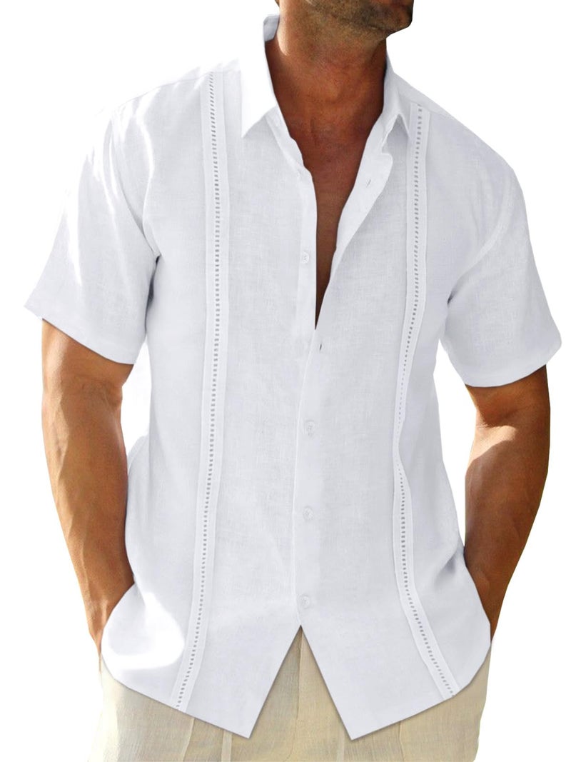 Runcati Mens Linen Cuban Guayabera Shirts Button Down Short Sleeve Shirt Cotton Hippie Summer Beach Vacation Shirts White - Image 1