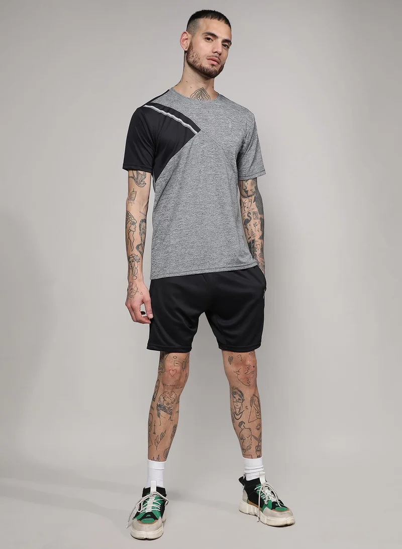 Campus Sutra Men's Charcoal Grey & Jet Black Heathered Activewear T-Shirt