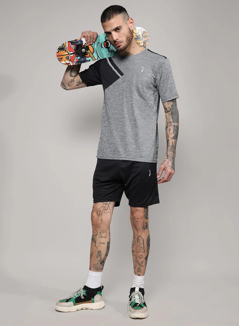 Campus Sutra Men's Charcoal Grey & Jet Black Heathered Activewear T-Shirt