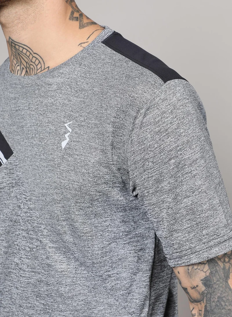 Campus Sutra Men's Charcoal Grey & Jet Black Heathered Activewear T-Shirt