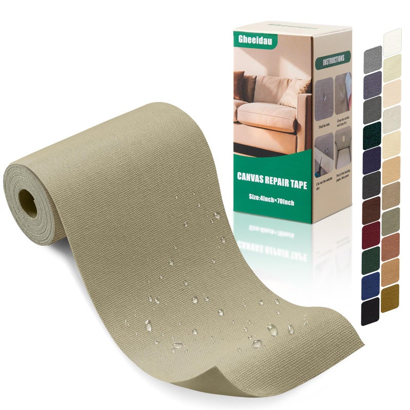 Gheeidau Canvas Repair Tape 4Ã—70 Inch Waterproof Self-Adhesive Fabric Repair Patch for Repairing Boat Covers,Tents,Patio Umbrellas,Car Seats,Luggage,Sofas.(Khaki) - Image 1