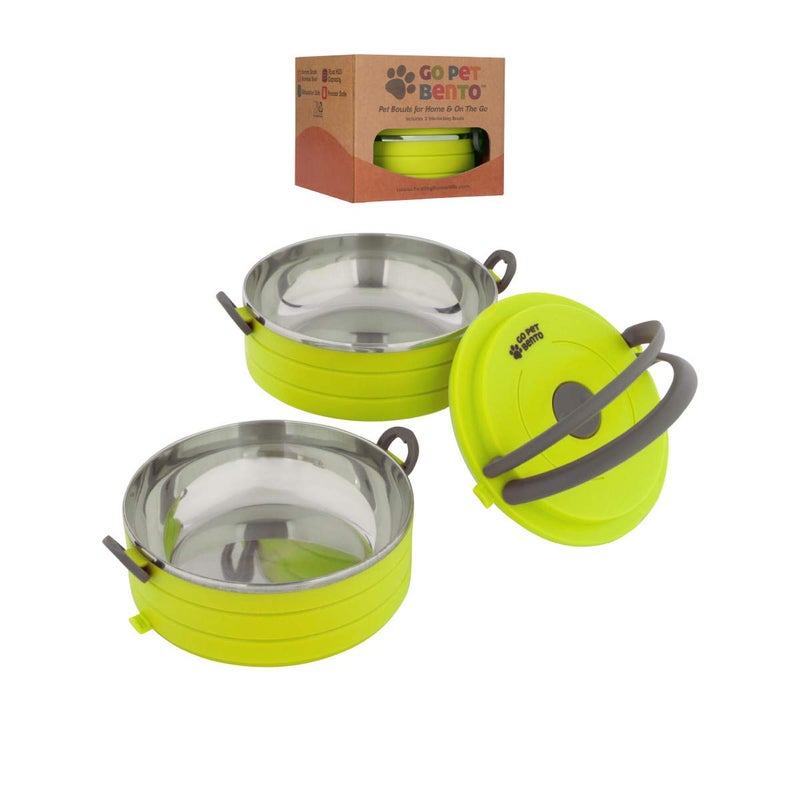 Healthy Human Travel Pet Bento Bowls HumanGrade Stainless Steel BPAFree LeakProof Water Food Container Set for Dogs Cats 2Pack Interlocking Bowls Includes Spare Clips Handle Green